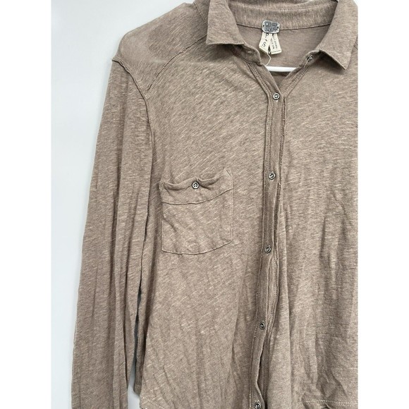 Free People We the Free Brown Caroline Contrast Stitch Stretch Slub Shirt Size S - Picture 2 of 7